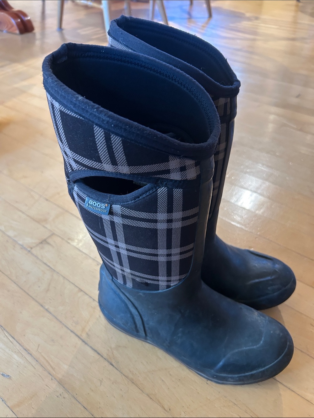 Bogs Black and Gray Plaid Tall Waterproof and Winter Ready Boots